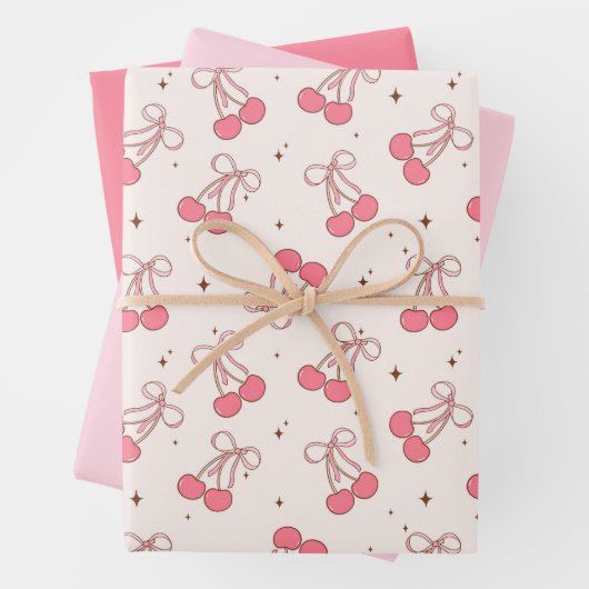 Coquette Cherry Pink Bow Wrapping Paper Sheet Set (In situ)