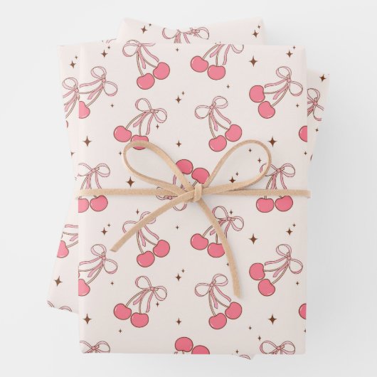 Coquette Cherry Pink Bow Wrapping Paper Sheet Set (In situ)