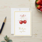 Coquette Cherry Thank You Card Pink Bow Gold Bedankkaart