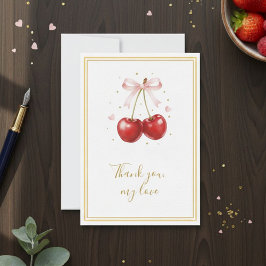 Coquette Cherry Thank You Card Pink Bow Gold Bedankkaart