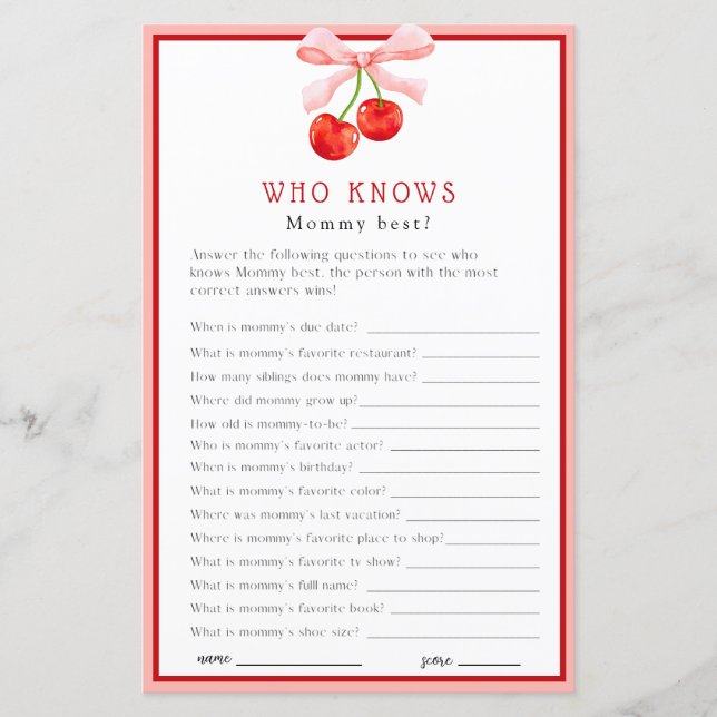 Coquette Cherry Wie weet Baby shower spel (Voorkant)
