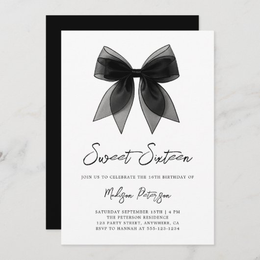 Coquette Chic Minimal Black Bow Sweet 16 Birthday Kaart (Voorkant / Achterkant)
