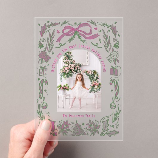 Coquette Christmas Familie Foto Roze Groene Doodle Acryl Uitnodigingen (Insitu (Draagbaar))