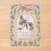 Coquette Christmas Familie Foto Roze Groene Doodle Acryl Uitnodigingen (Voorkant)