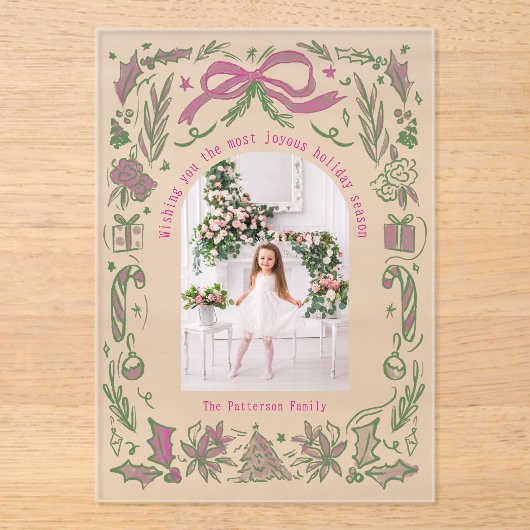 Coquette Christmas Familie Foto Roze Groene Doodle Acryl Uitnodigingen (Voorkant)