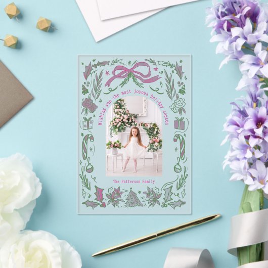 Coquette Christmas Familie Foto Roze Groene Doodle Acryl Uitnodigingen (Insitu (Huwelijk))