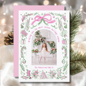 Coquette Christmas Familie Foto Roze Groene Doodle Feestdagenkaart