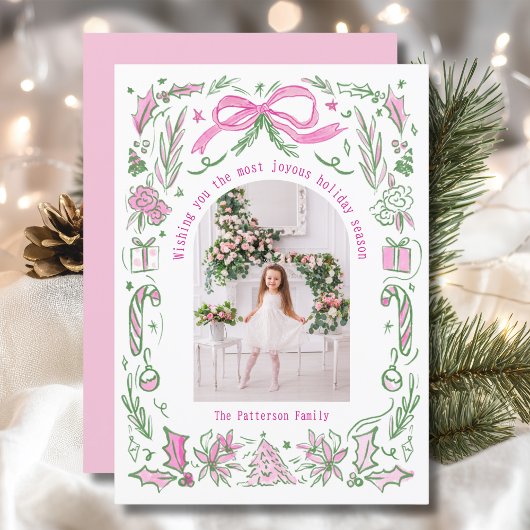 Coquette Christmas Familie Foto Roze Groene Doodle Feestdagenkaart