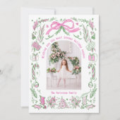 Coquette Christmas Familie Foto Roze Groene Doodle Feestdagenkaart (Voorkant)