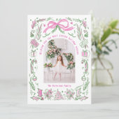 Coquette Christmas Familie Foto Roze Groene Doodle Feestdagenkaart (Staand voorkant)