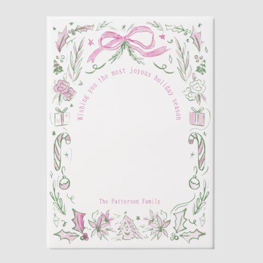 Coquette Christmas Familie Foto Roze Groene Doodle Vellum Uitnodigingen (Voorkant)