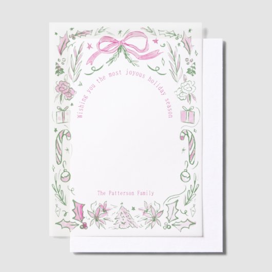 Coquette Christmas Familie Foto Roze Groene Doodle Vellum Uitnodigingen (Offset)