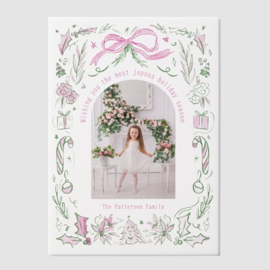 Coquette Christmas Familie Foto Roze Groene Doodle Vellum Uitnodigingen (Voorkant)