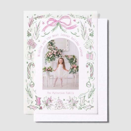 Coquette Christmas Familie Foto Roze Groene Doodle Vellum Uitnodigingen (Offset)