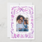 Coquette Christmas Family Foto Paarse Roze Doodle Feestdagenkaart (Voorkant)