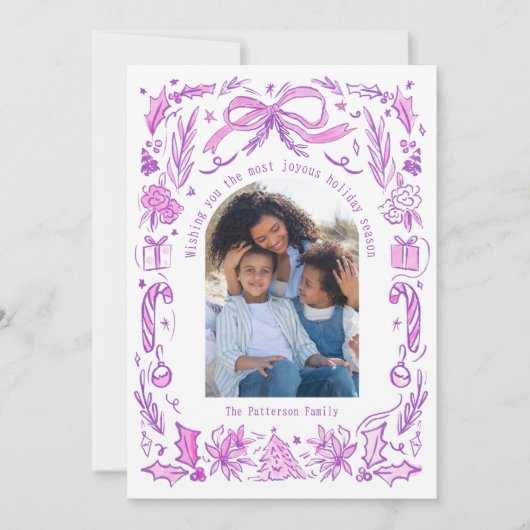 Coquette Christmas Family Foto Paarse Roze Doodle Feestdagenkaart (Voorkant)