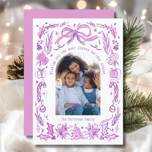 Coquette Christmas Family Foto Paarse Roze Doodle Feestdagenkaart