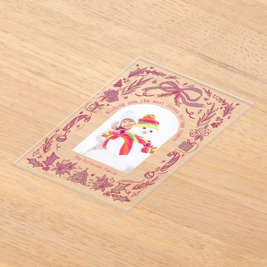 Coquette Christmas Family Foto Rood Roze Doodle Acryl Uitnodigingen (Laagn)