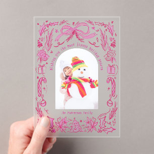 Coquette Christmas Family Foto Rood Roze Doodle Acryl Uitnodigingen