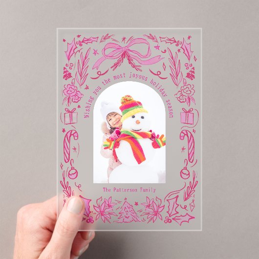 Coquette Christmas Family Foto Rood Roze Doodle Acryl Uitnodigingen (Insitu (Draagbaar))