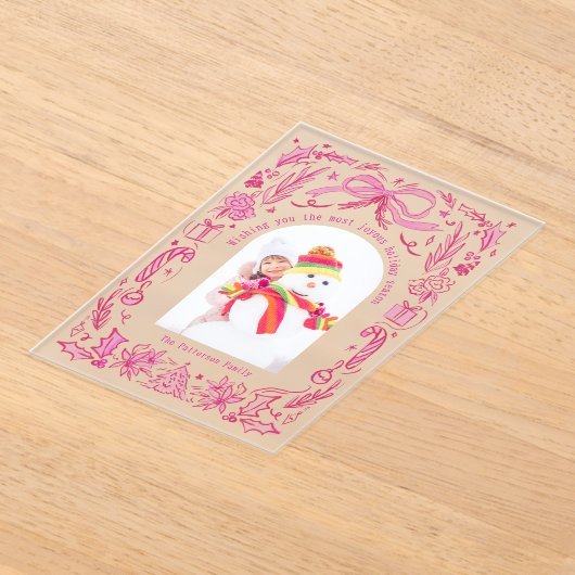 Coquette Christmas Family Foto Rood Roze Doodle Acryl Uitnodigingen (Laagn)