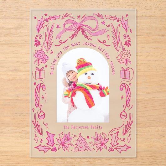 Coquette Christmas Family Foto Rood Roze Doodle Acryl Uitnodigingen (Voorkant)