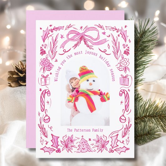 Coquette Christmas Family Foto Rood Roze Doodle Feestdagenkaart