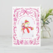 Coquette Christmas Family Foto Rood Roze Doodle Feestdagenkaart (Staand voorkant)