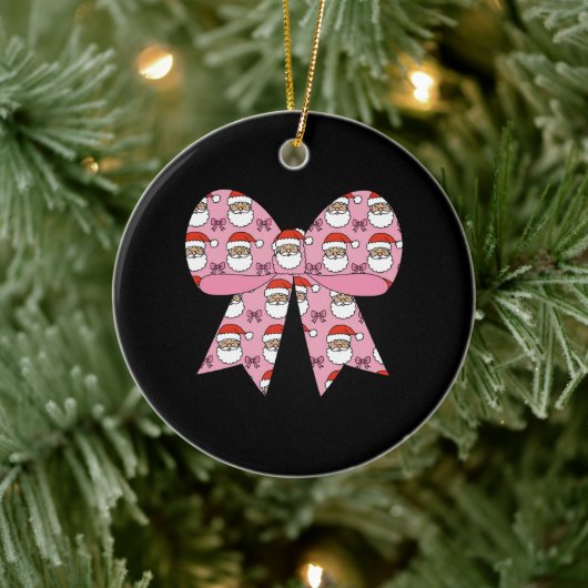 Coquette Christmas Pink Bow Santa  Retro Keramisch Ornament (Boom)