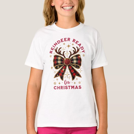Coquette Christmas Plaid Rendier Ready Bow T-shirt (Voorkant)
