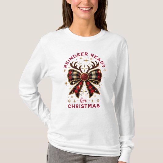 Coquette Christmas Plaid Rendier Ready Bow T-shirt (Voorkant)