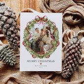 Coquette Christmas Wreath Red Bow Family Photo Feestdagenkaart