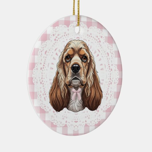 Coquette Cocker Spaniel Dog Pink Gingham Bows Keramisch Ornament (Rechts)