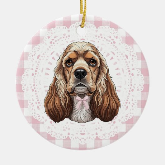 Coquette Cocker Spaniel Dog Pink Gingham Bows Keramisch Ornament (Voorkant)