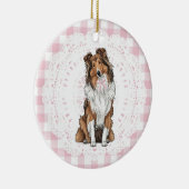 Coquette Collie Dog Pink Gingham Bows Keramisch Ornament (Rechts)