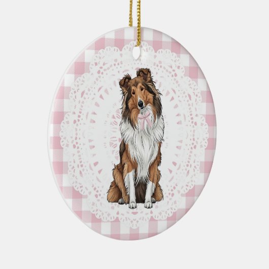 Coquette Collie Dog Pink Gingham Bows Keramisch Ornament (Rechts)