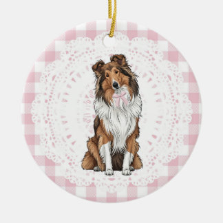 Coquette Collie Hond Roze Gingham Strikken Keramisch Ornament