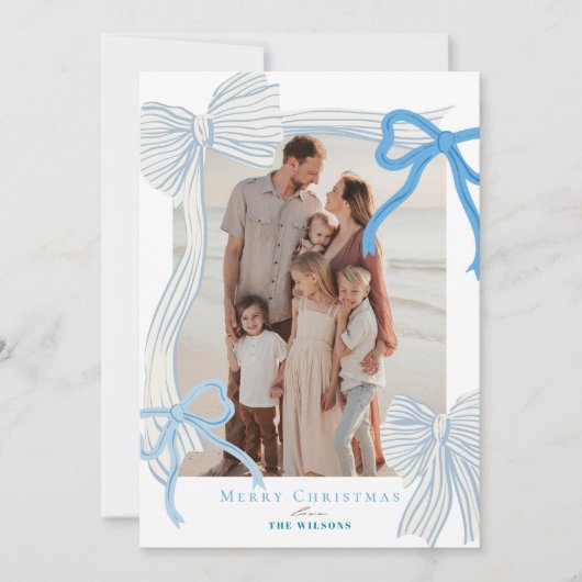 Coquette-Core Bleke Blauwe Bogen 4 Foto's Kerst Feestdagenkaart (Voorkant)