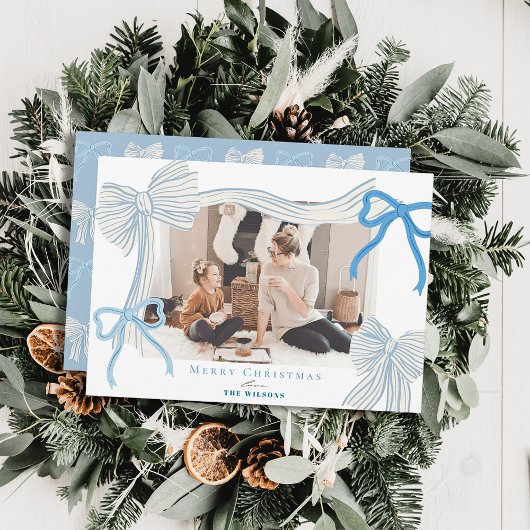Coquette-Core Bleke Blauwe Bogen Foto Kerst Feestdagenkaart
