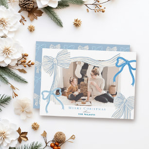 Coquette-Core Bleke Blauwe Bogen Foto Kerst Feestdagenkaart
