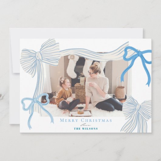 Coquette-Core Bleke Blauwe Bogen Foto Kerst Feestdagenkaart (Voorkant)