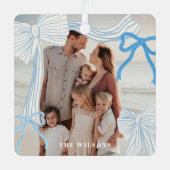 Coquette-core Blue Bows Foto Kerstvakantie Metalen Ornament (Voorkant)