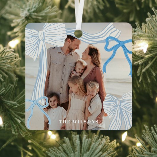Coquette-core Blue Bows Foto Kerstvakantie Metalen Ornament (Insitu)