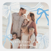Coquette-core Blue Bows Foto Kerstvakantie Vierkante Sticker (Voorkant)