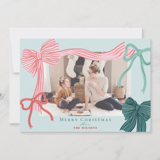 Coquette-Core Rode Groene Bogen Groene Kerst Foto Feestdagenkaart (Voorkant)