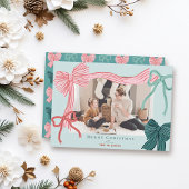 Coquette-Core Rode Groene Bogen Groene Kerst Foto Feestdagenkaart