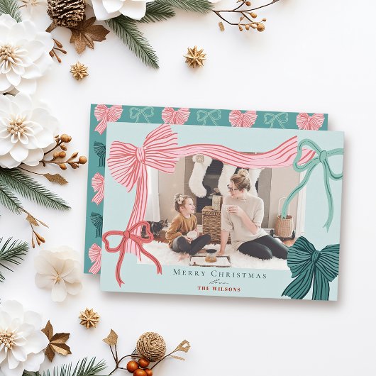 Coquette-Core Rode Groene Bogen Groene Kerst Foto Feestdagenkaart