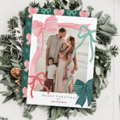 Coquette-Core Rode & Groene Bogen Kerstfoto Feestdagenkaart