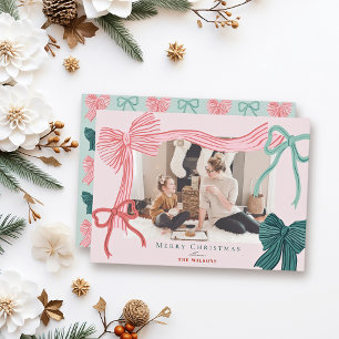 Coquette-Core Rode Groene Bogen Roze Kerstfoto Feestdagenkaart