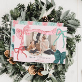 Coquette-Core Rode Groene Bogen Roze Kerstfoto Feestdagenkaart